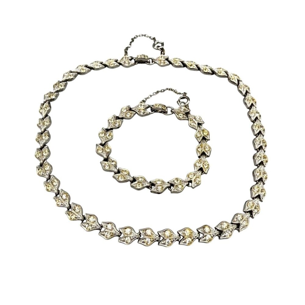VTG Clear Rhinestone Necklace & Bracelet Set Leaf Motif Sparkling Silver Tone